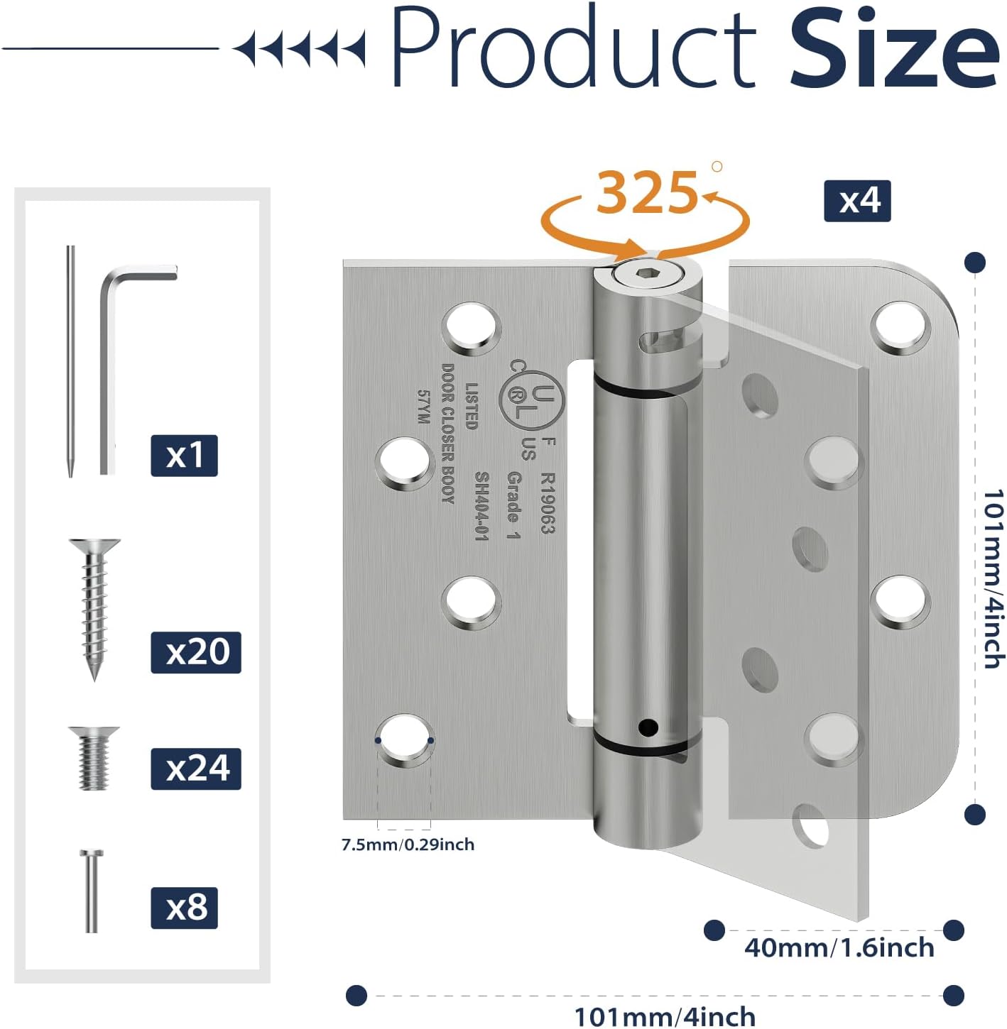 4-Pack Self Closing Door Hinges, 4 Inch Spring Loaded Hinges with Square & 5/8'' Radius Corners, Adjustable Tension for Garage, Front Back Door,Left Right Hand Door,UL Listed,Brushed Nickel