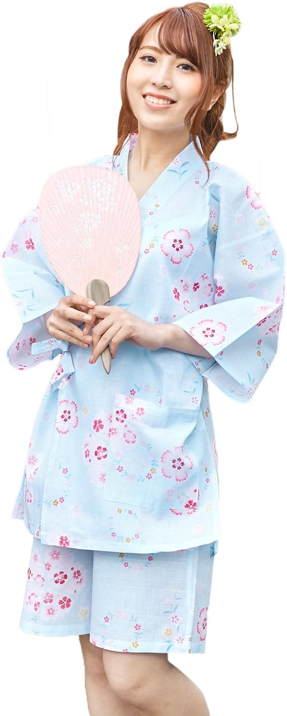 Amazon 甚平 レディース 水色地に撫子と蝶 M L 変わり織り女物甚平上下2点セット 水色 甚平 通販