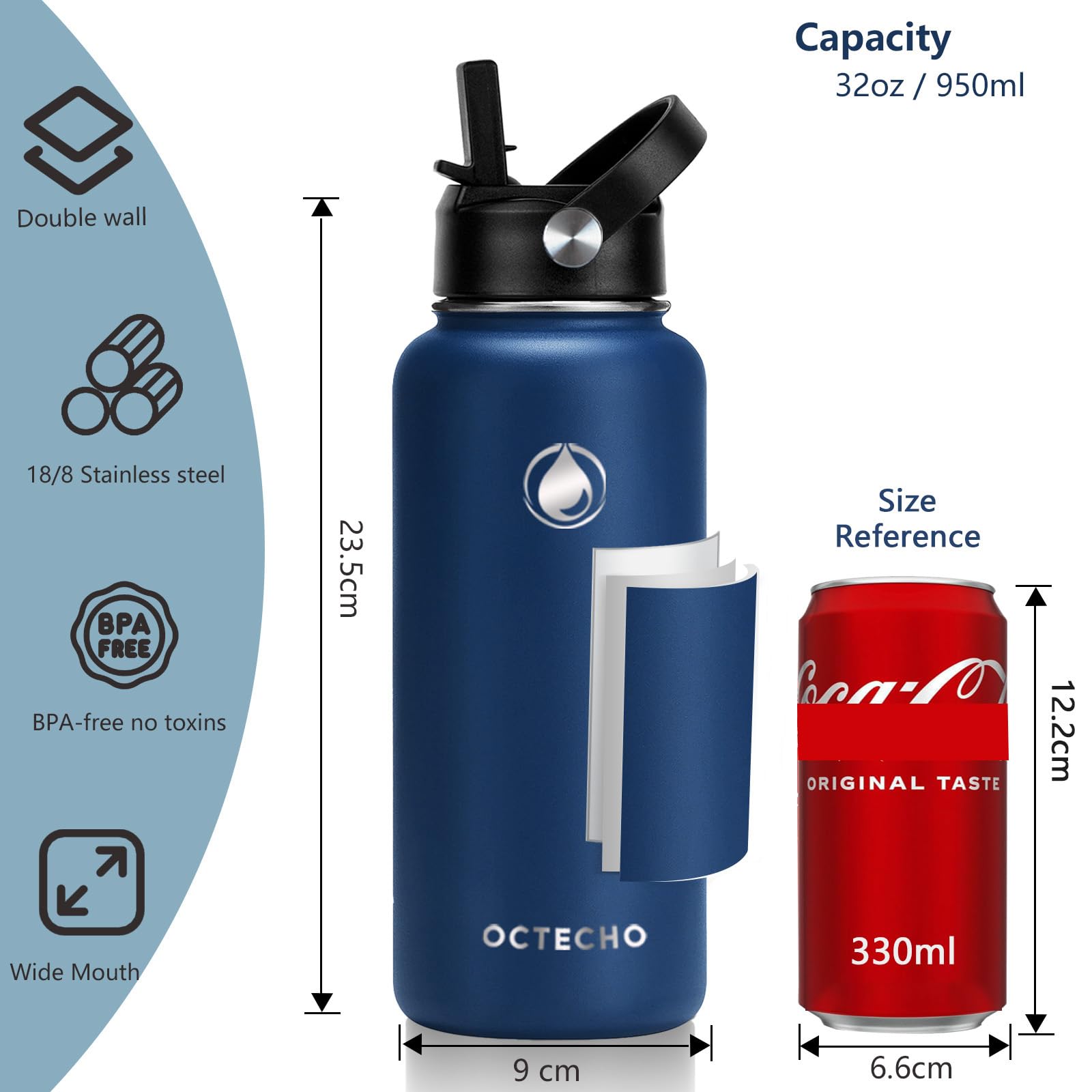 OcTecho Metal Water Bottle with Straw, 950ml Stainless Steel Water Bottle 2 Leakproof Lids - Image 2