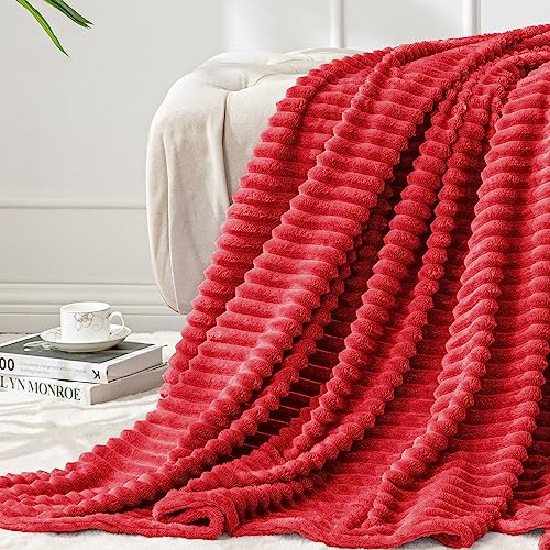 Image of BEDELITE Fleece Throw Blanket for Couch - 3D Ribbed Jacquard Soft and Warm Decorative Fuzzy Blanket - Cozy, Fluffy, Plush Lightweight Red Throw Blankets for Bed, Sofa, 50x60 inches