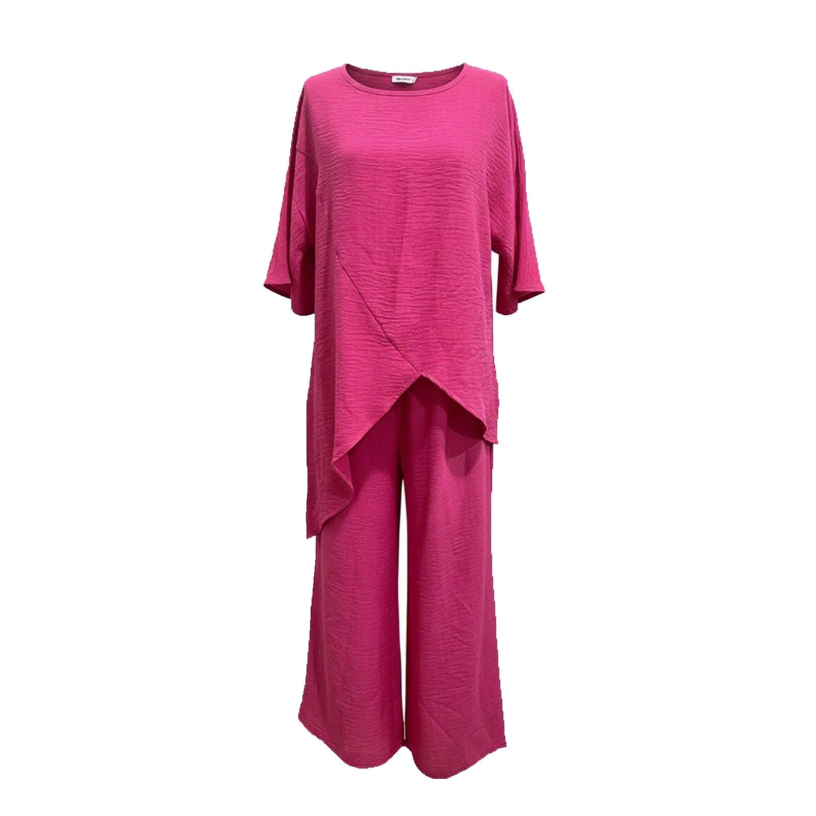 Ensemble Lin de 2 Pièces pour Femme avec Haut Manches Courtes Coupe Trapèze et Pantalon a Jambe Large Casual Ensemble Chic et Elegant Couleur Unie pour Fête Cocktail Invités de Mariage Classique Set
