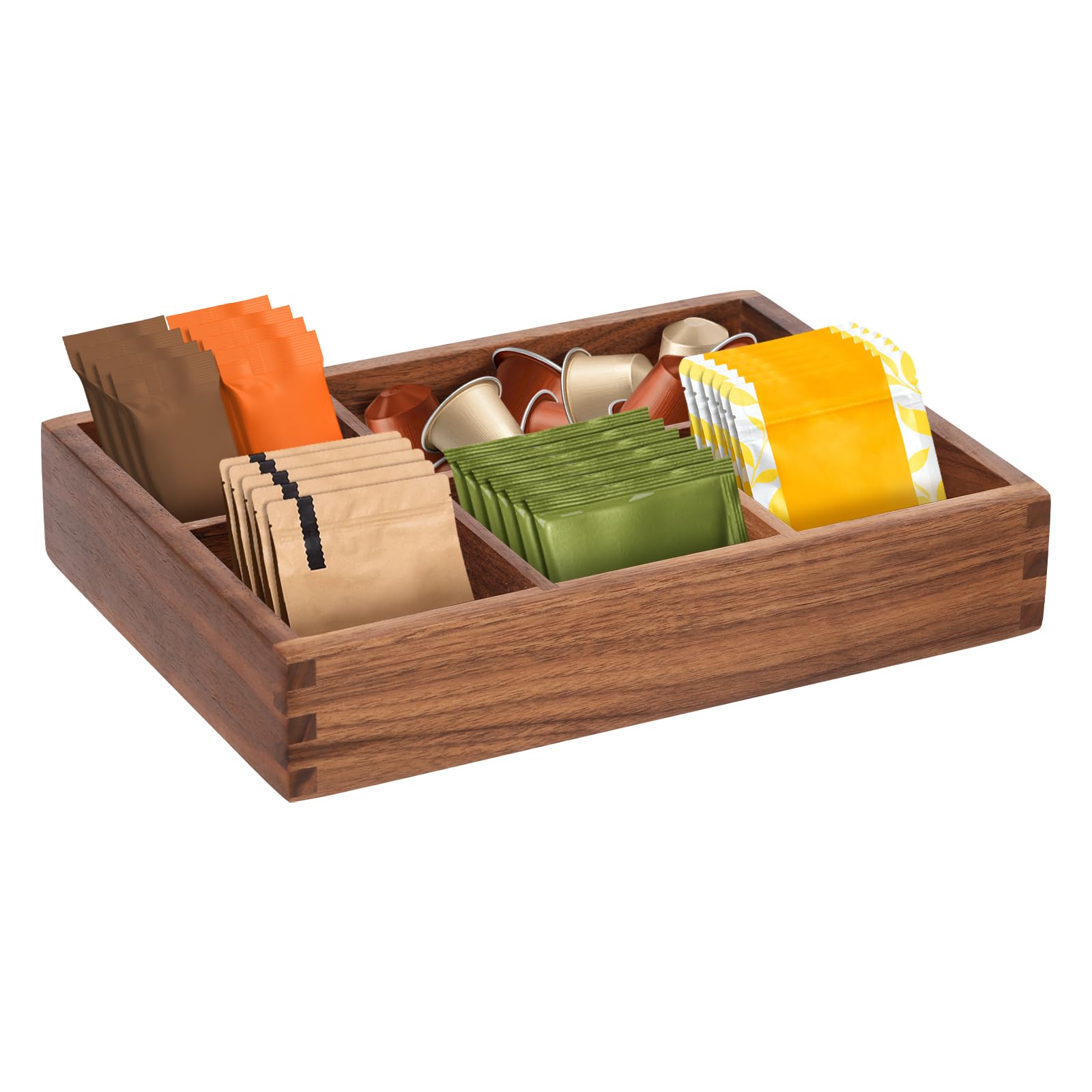 Ghshanog Brown Tea Bag Organizer, 5 Compartments Wood Tea Bag Storage Box,25X18x4.5cm Coffee Pods Holder For Countertop Drawers Cabinets,Teastation Organizer For Beverage Supplies Sugar Packet Creamers