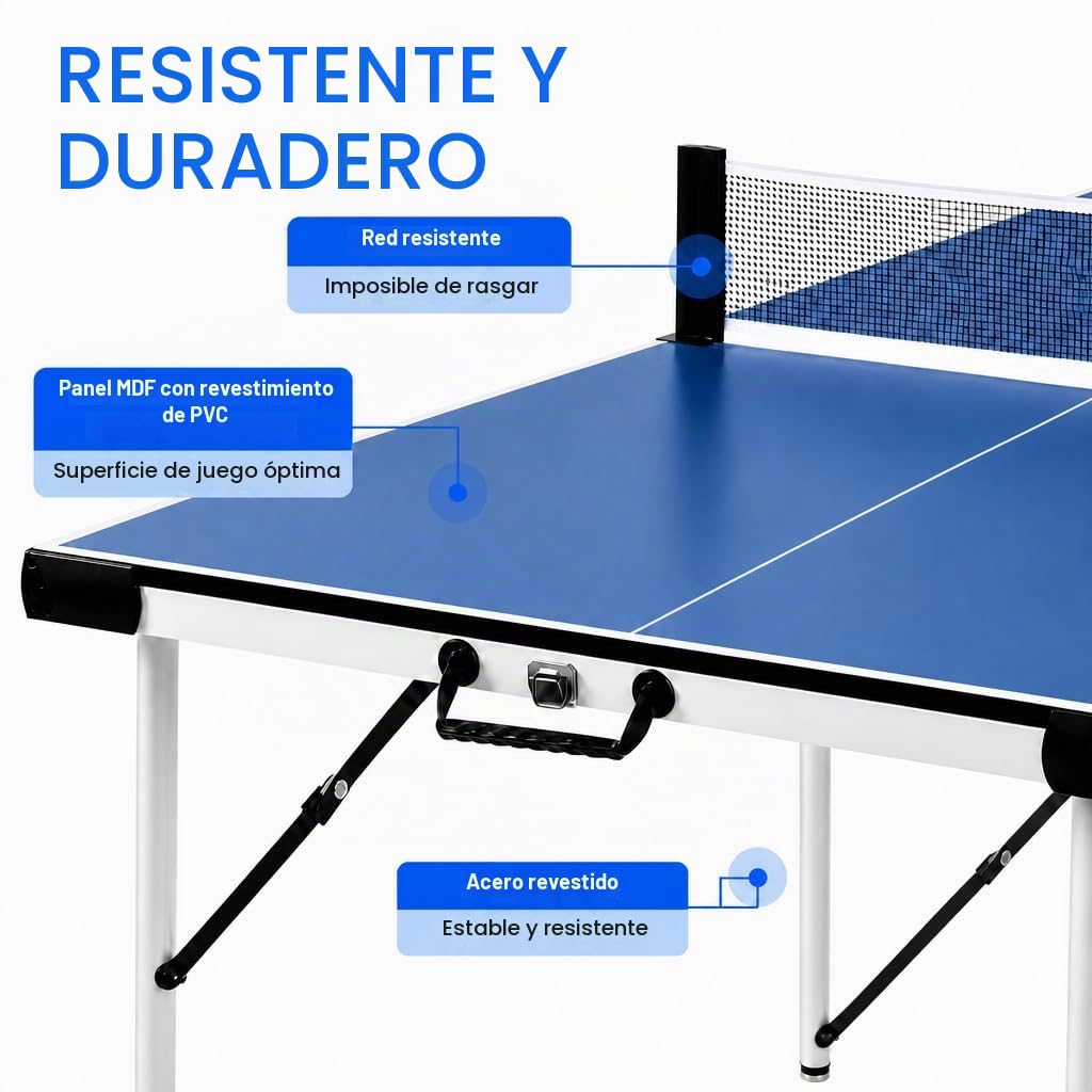 Mesa de Ping Pong 169cm Exterior, Plegable con 6 Patas y Estructura Metálica, Tenis de Mesa Premontado Estable, Compacta para Jardín Terraza Balcón