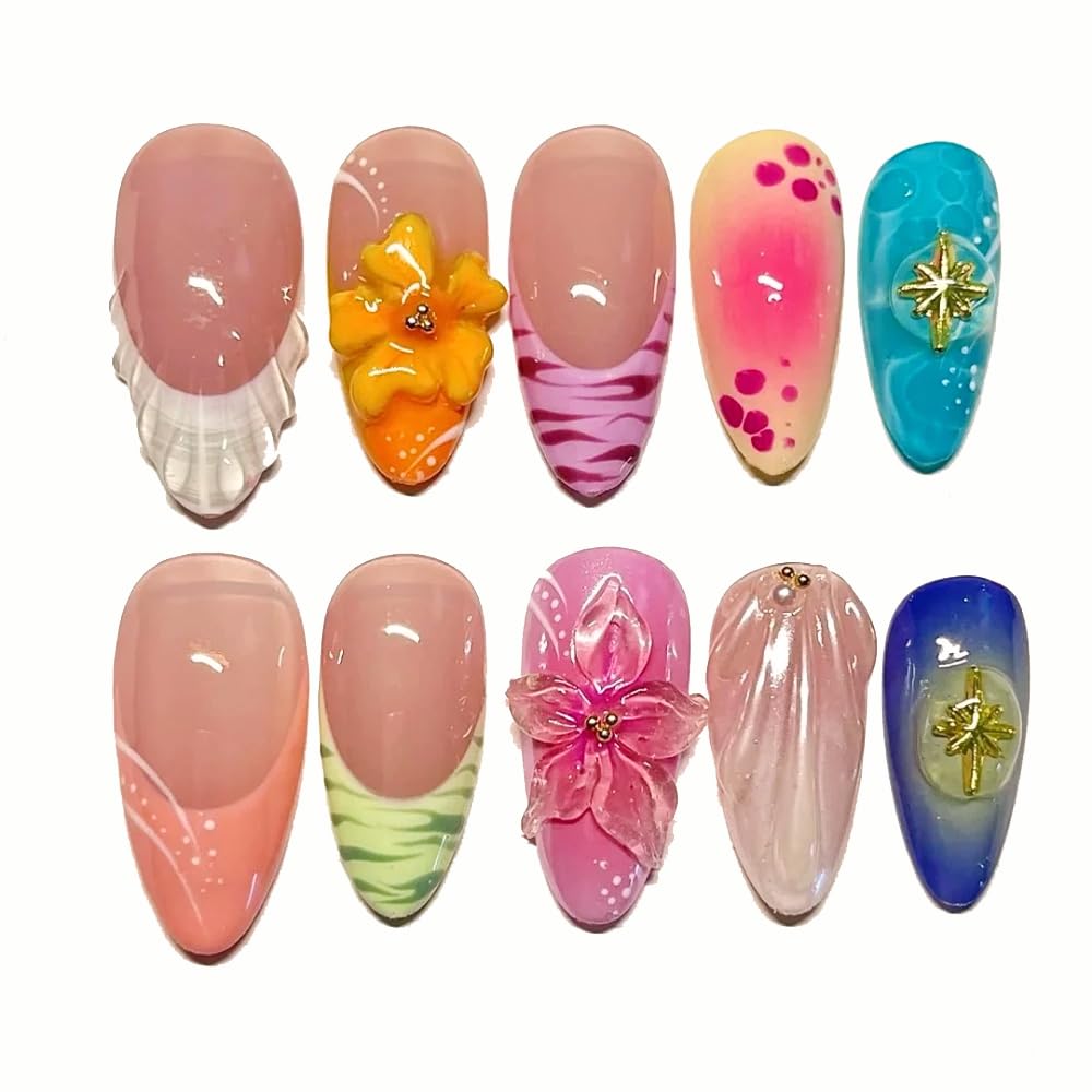 Press On Nails, Medium Almond Handmade Unique French Fake Nails, Thick Acrylic and Muti-Layer Gel False Nails - Image 3