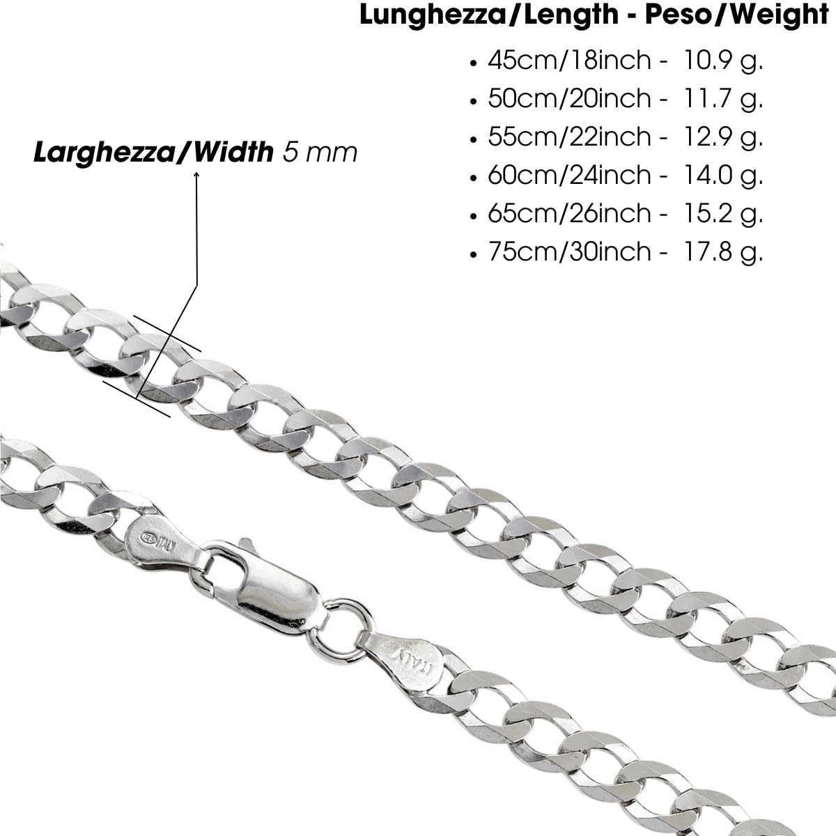 Aka Gioielli® - Catena Grumetta Piatta 5mm Argento Sterling 925 Rodiato - Collana Uomo Donna lunga 45 50 55 60 65 75 cm