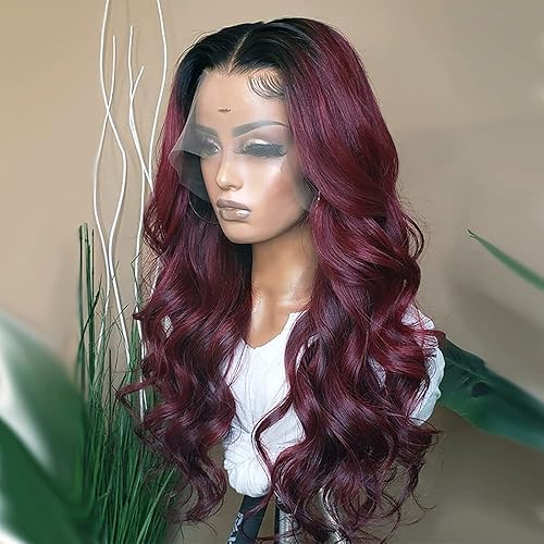 GIANNAY Burgundy Lace Front Wigs Body Wave Red Synthetic Loose Curly Wigs for Black Women Glueless Lace Front Wig T99J Color 24-26 Inches