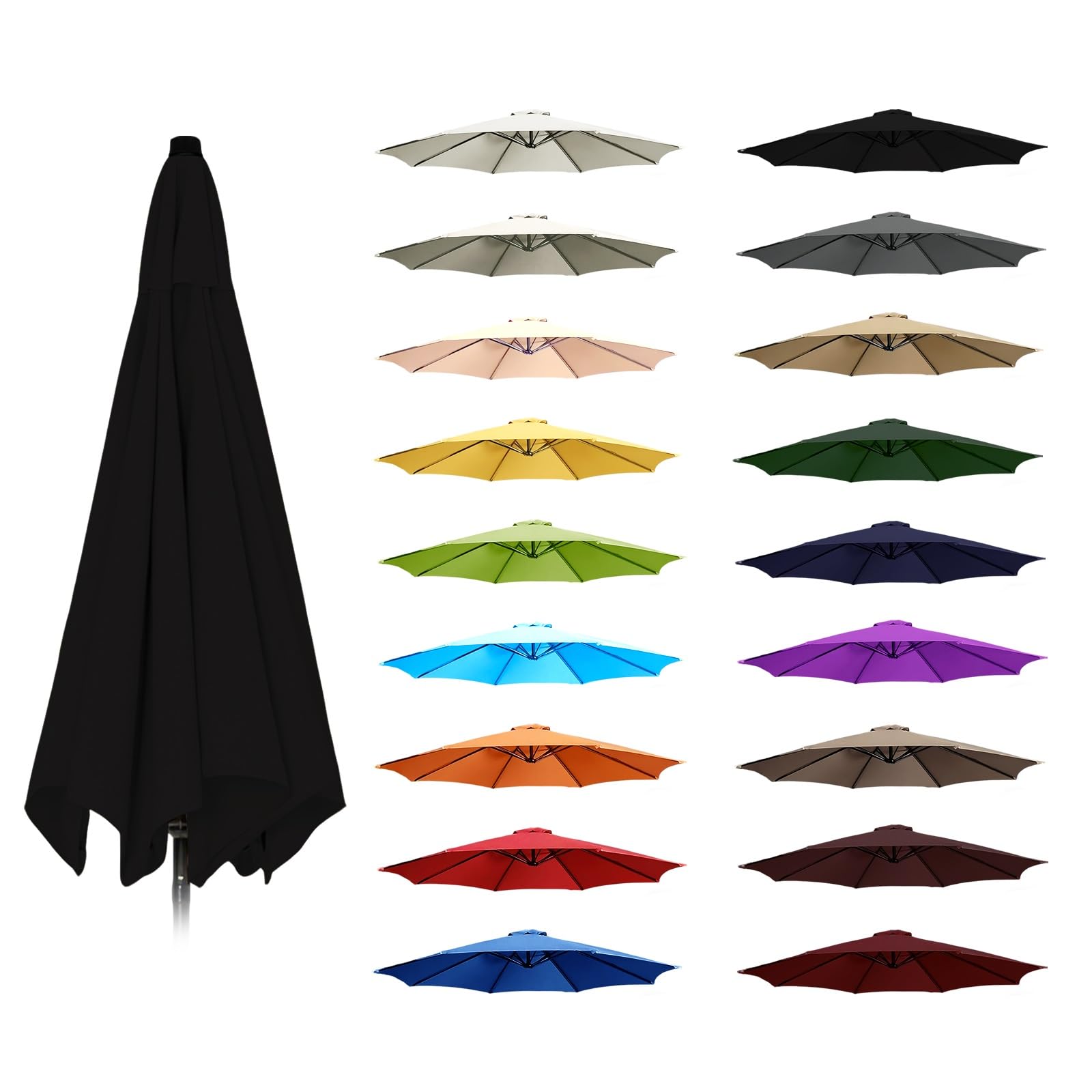 6.5ft To 11.5ft Thick Polyester Umbrella Replacement Canopy Fade Tear Resistant Reinforced Rib Pocket Top Vent Sunproof 6&8 Rib Patio Garden Parasol Top Multi Color Fabric Black 7.5FT/2.30M-8Ribs