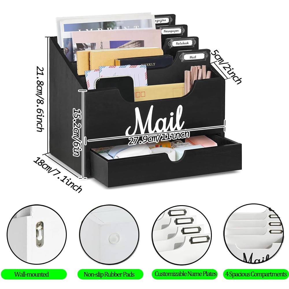 Organizzatore di Posta da Scrivania in Legno con 4 scomparti e cassetto, Organizzatore per Cartelle di Carta e Lettere, Organizer per Cartelle per Scrivania per Lettere Cancelleria, Nero