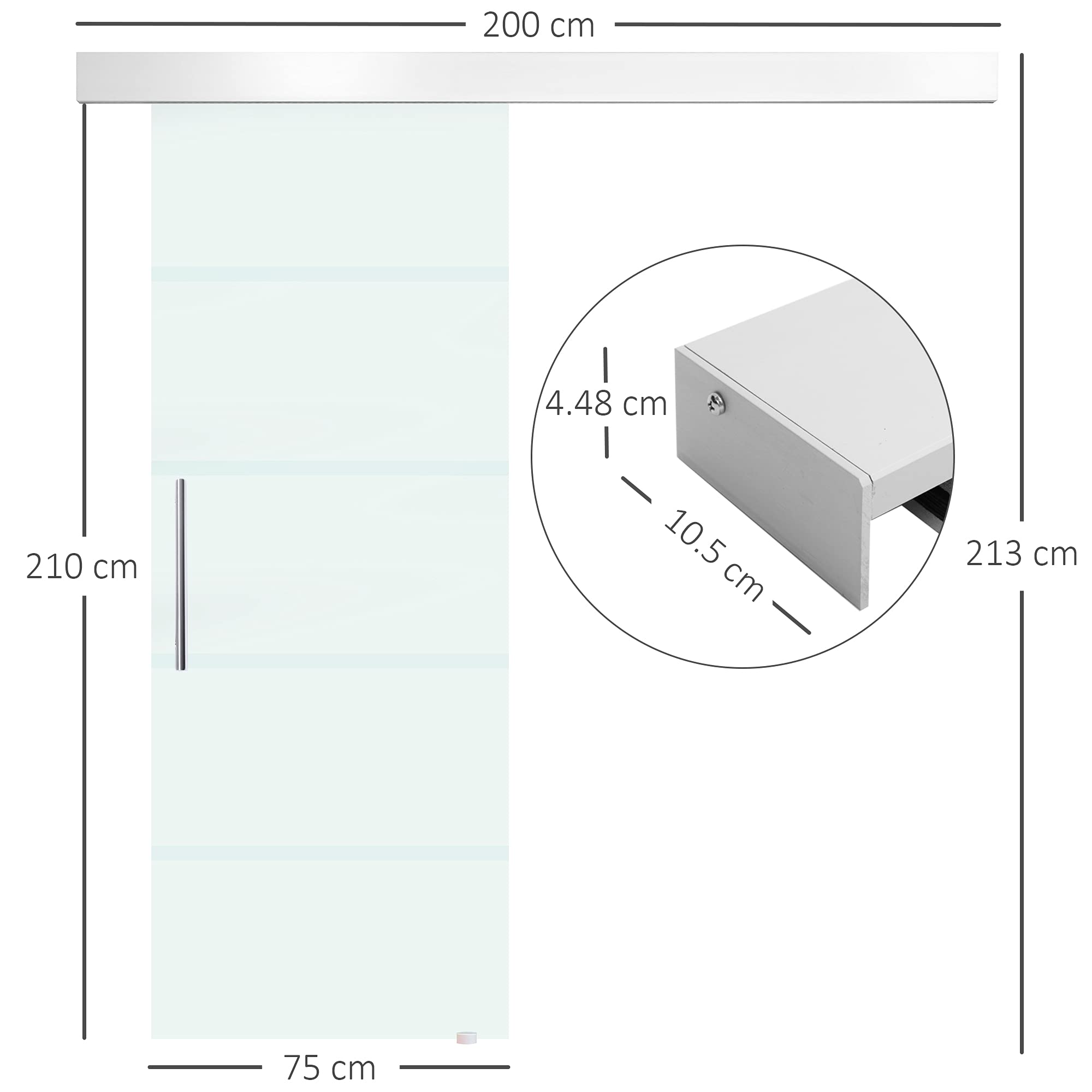 Homcom Porta Scorrevole in Vetro a Strisce con Binario in Alluminio, 75 x 210cm