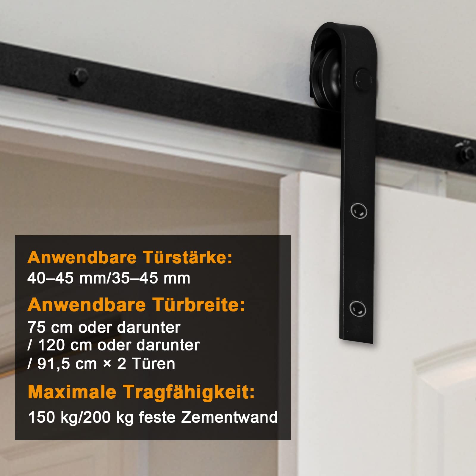 Schiebetürbeschlag Schiebetürsystem Zubehörteil HolzSchiebetür Set mit Laufrollen und Schiene für schiebetür Zubehör Kohlenstoffstahl Schwarz, 244cm (8FT),Rechteck
