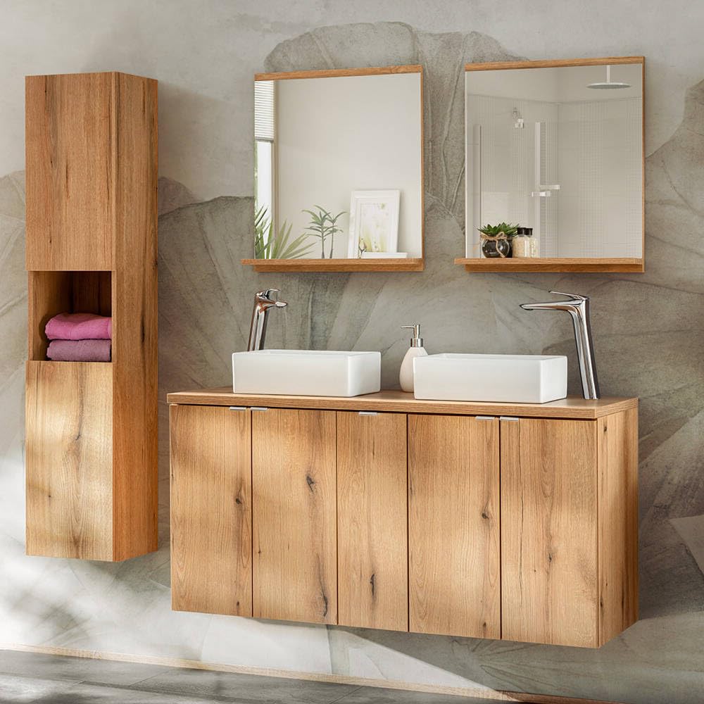 [en.casa] Mobile a Colonna Pensile da Bagno NEWPORT Armadio da Parete con 2 Ante Reversibili 2 Ripiani e Scomparto Aperto 140x30x25 cm - Effetto Rovere Coast Evoke