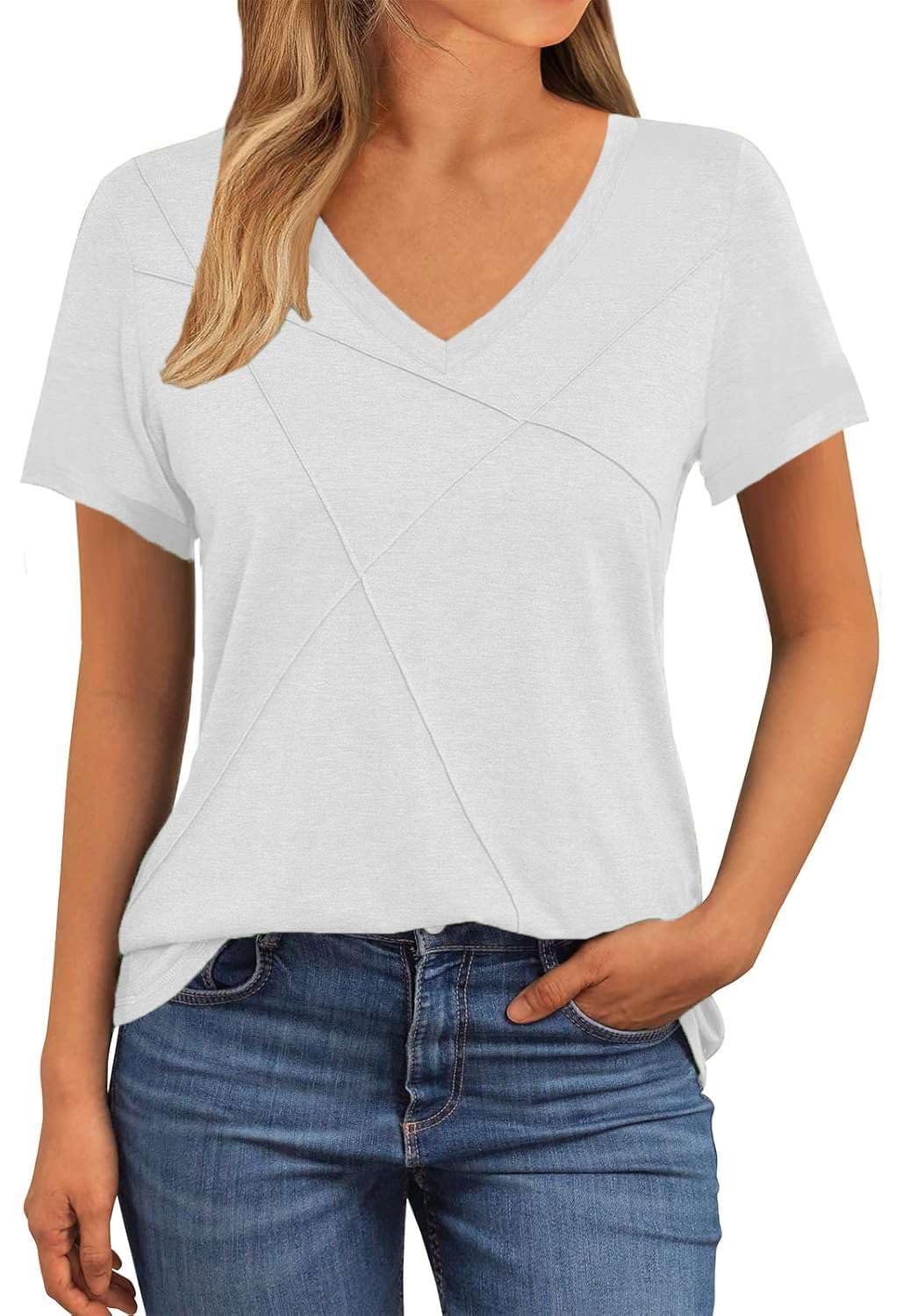 NAIOSS Damen Tshirt Kurzarm V-Ausschnitt Oberteile Sommer Elegant Baumwolle Shirts Casual Tops