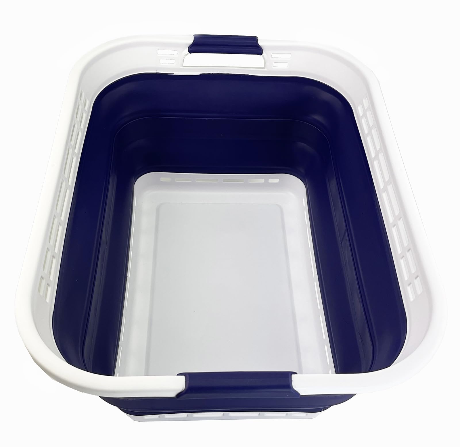 SAMMART 42L Collapsible Plastic Laundry Hamper/Basket - Foldable Storage Container/Organizer - Portable Laundry Basket - Easy Storage Space Saving (White/Navy Blue)