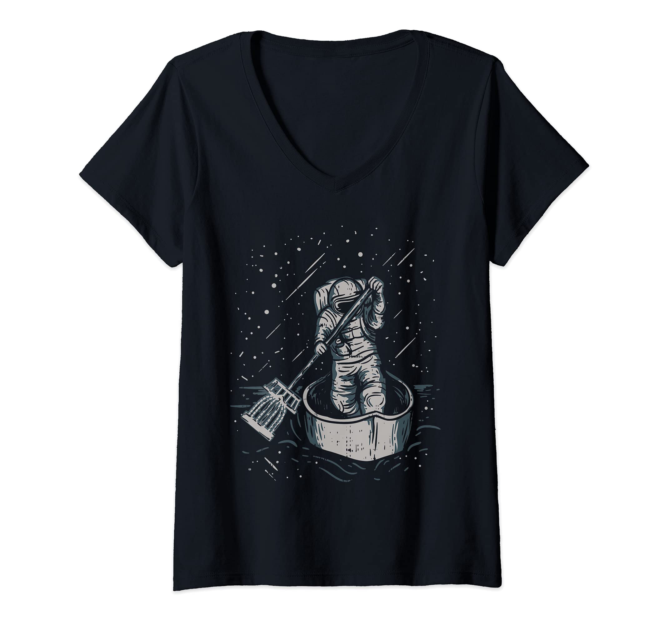 Womens Disc Golf Funny Cool Astronaut With Disc Golf Basket V-Neck T-Shirt, Black