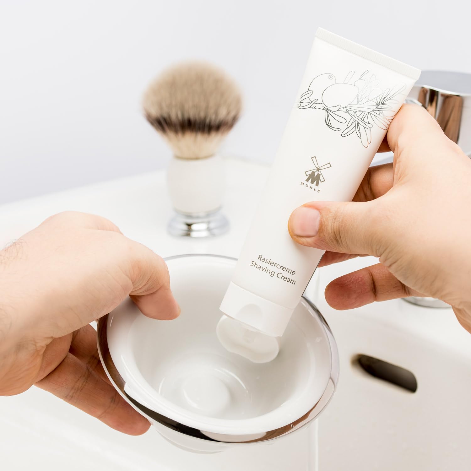 Bol de Afeitar de Porcelana Mühle Blanco & Cromo