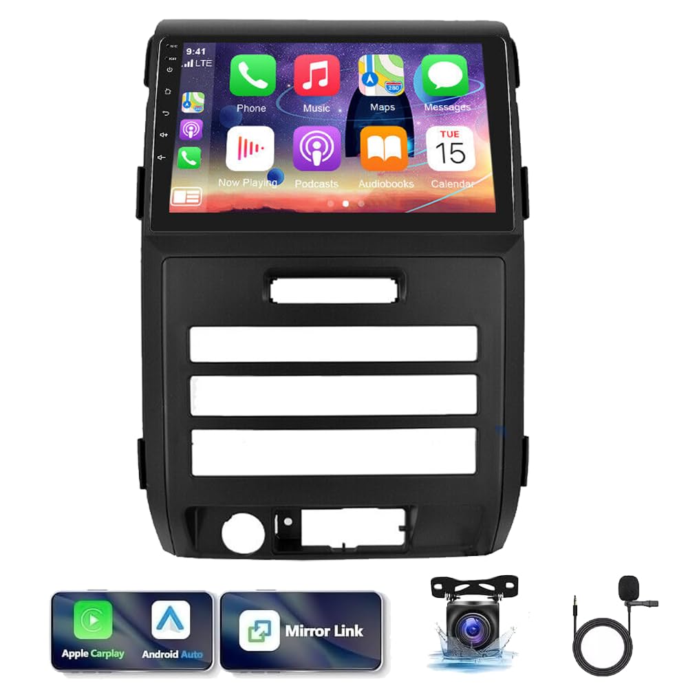 Loddery Android 13 Car Stereo installed in a Ford F-150 dashboard, showing before and after views.