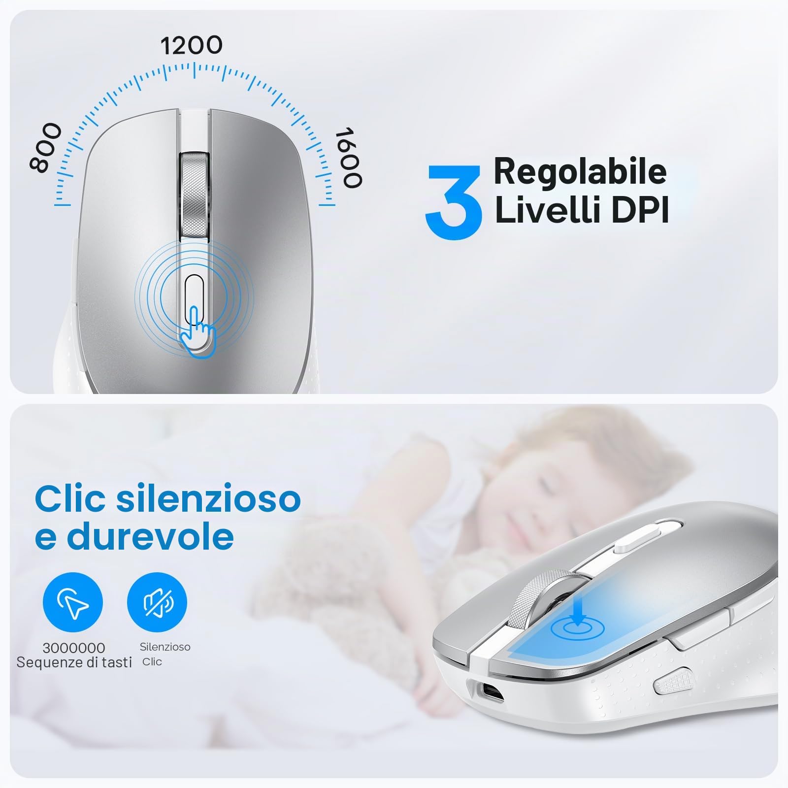 OMOTON Tastiera e mouse wireless Bluetooth per Mac (MacBook Air/MacBook Pro/iMac/iMac Pro), tastiera e mouse USB ricaricabili per Mac OS, con 3 canali Bluetooth, scrittura silenziosa, argento