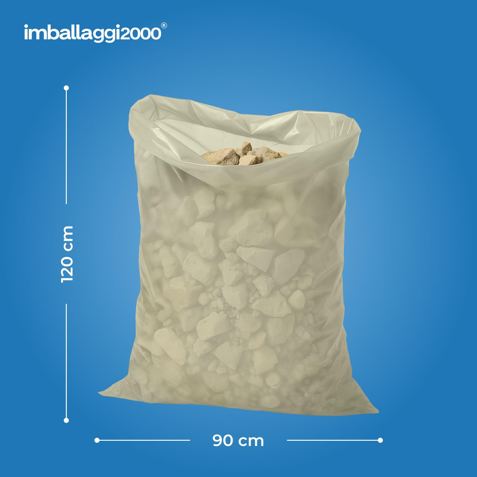 IMBALLAGGI 2000 - Sacchi Trasparenti Calcinacci 90x120 cm -125 pz, Extra Spessi 80 MY, Peso sfuso 20 kg – Sacchi Robusti per Macerie, Edilizia e Ristrutturazioni