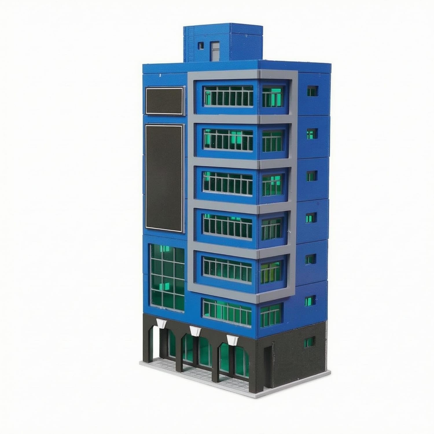 Stepped Rooftop N-Scale City Building Framed Glazed Openings Hightower Building Model Dark Base Step-Roof Skyscraper Model Hard ABS, Blue-image-10