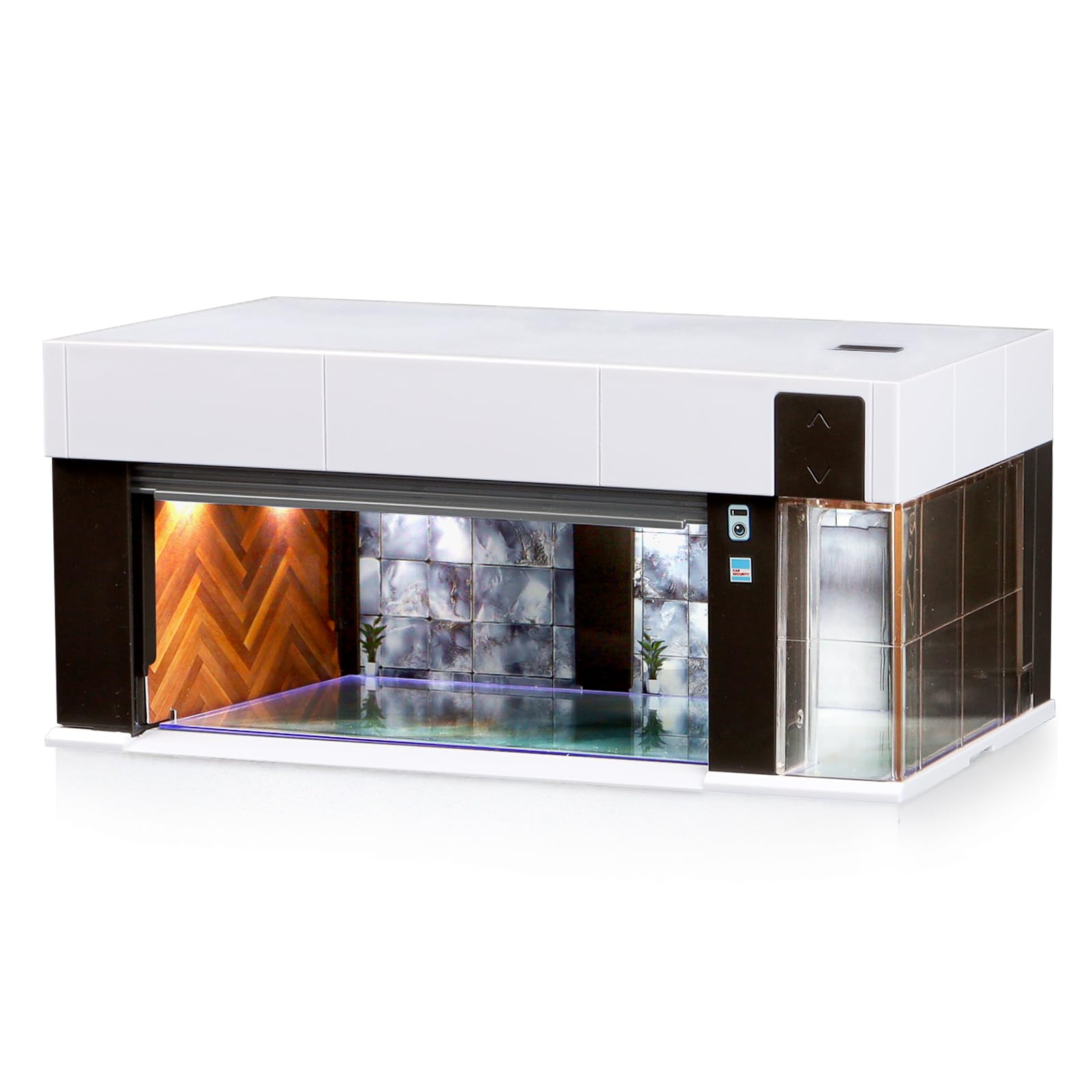 MOCBURIKU 1/64 Scale Diecast Display Case for Hot Wheel Storage with LED Lights, Stackable Electric Garage with Voice Control, 3 Replaceable 3D Scenes