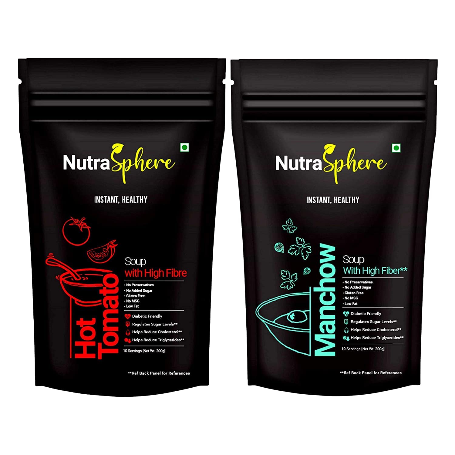 Indian NutraSphere Tomato, Manchow Fibre Soup Packets Combo. Diabetic Friendly for Healthy Heart (Instant, Preservative Free, Sugarfree, Gluten Free, No MSG)- 10 Sachet Each