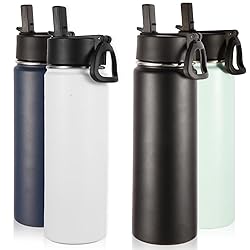 Volhoply Insulated Water Bottles with Straw Bulk 4 Pack, 22 oz Stainless Steel Sports Bottle with Handle Lid,Double Walled Vacuum Metal Water Cups with Wide Mouth, Reusable Waterbottle(Mix,4 Set)