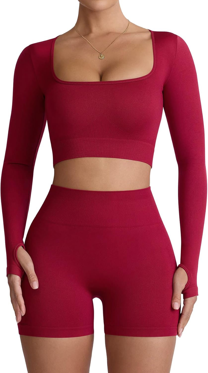 Niipty Two Piece Workout Set for Women Long Sleeve Top Matching High Waist Scrunch Butt Shorts Gym Sets Yoga Outfits