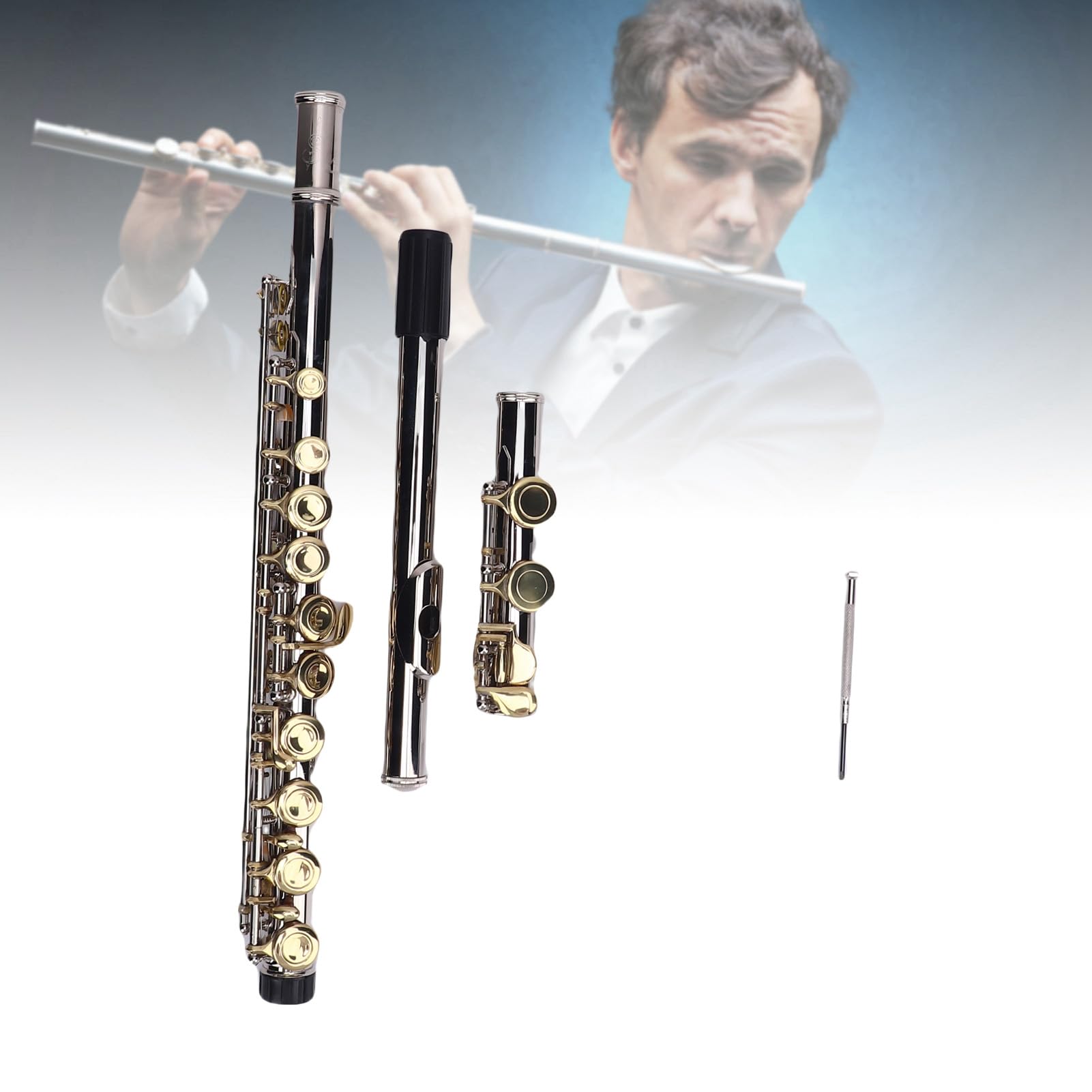 Eujgoov Flauta C de Orificio Cerrado con Teclas G Desplazadas y E Divididas, Cuproníquel, Ideal para Principiantes y Profesionales, Flauta de 16 Teclas con Accesorios Completos