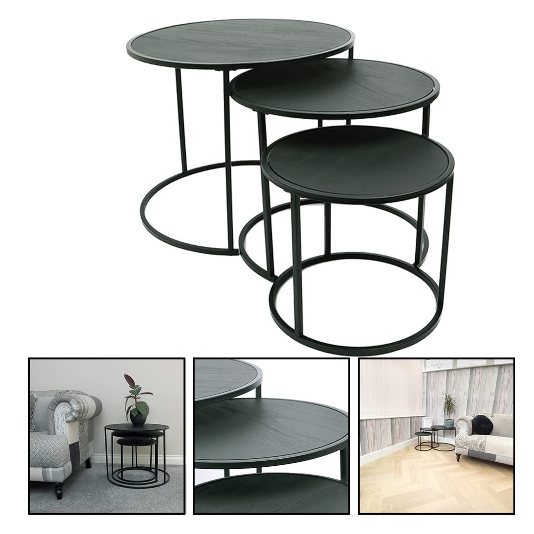 DIVCHI Runde Nesting 3er Set, Moderne Holzoptik mit Metall Schwarz Sockel, Couchtisch Beistelltische für kleine Räume, Nachttisch Nachttisch für Wohnzimmer, Schlafzimmer, Balkon