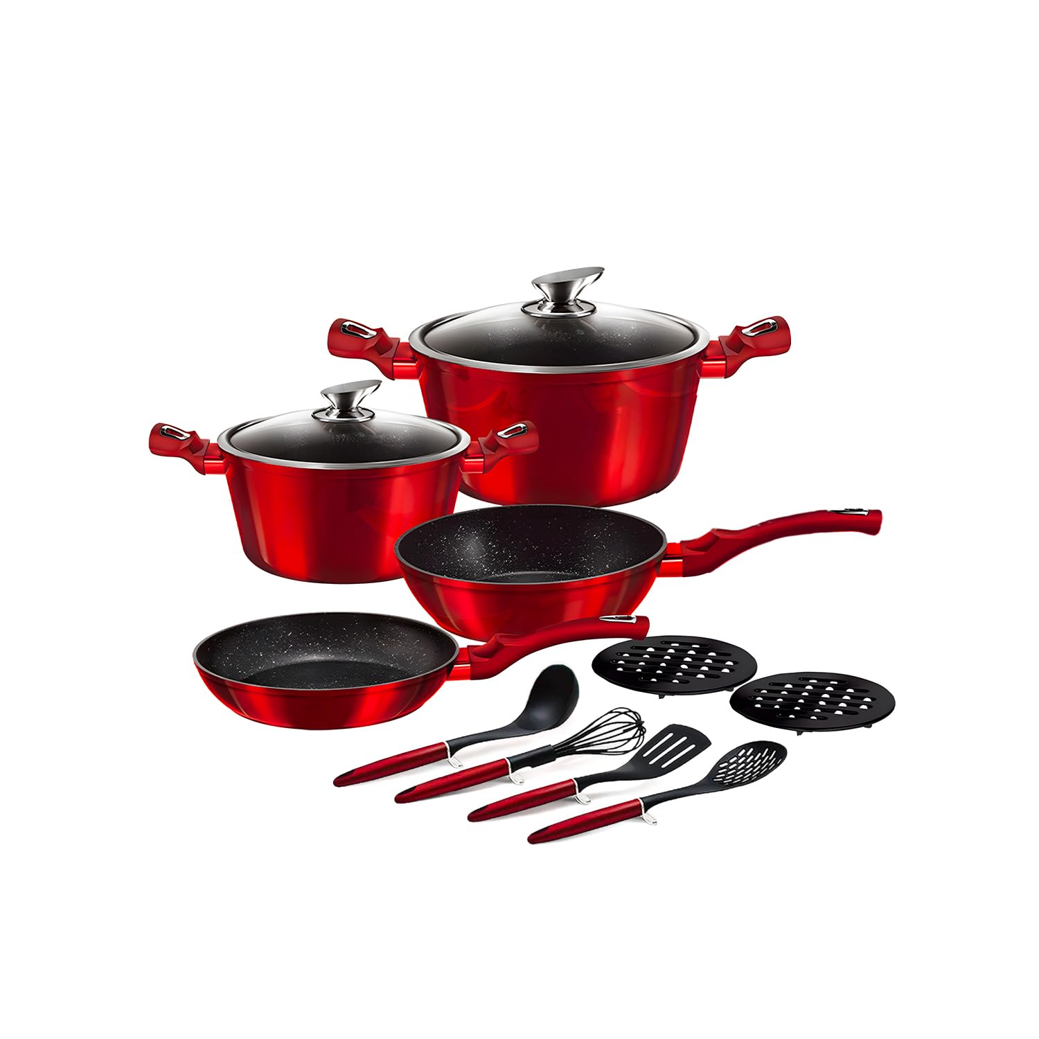Wintem Juego de 12 ollas y sartenes rojas antiadherentes de aluminio con 4 utensilios de cocina y cómodas tapas de cristal templado – Compatible con todas las placas de cocción como a gas, inducción y