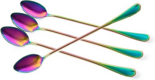 dhrbsx Cucharas de té de hielo de mango largo, cucharas de cóctel de acero inoxidable, cucharadas de helado de color juego de 4