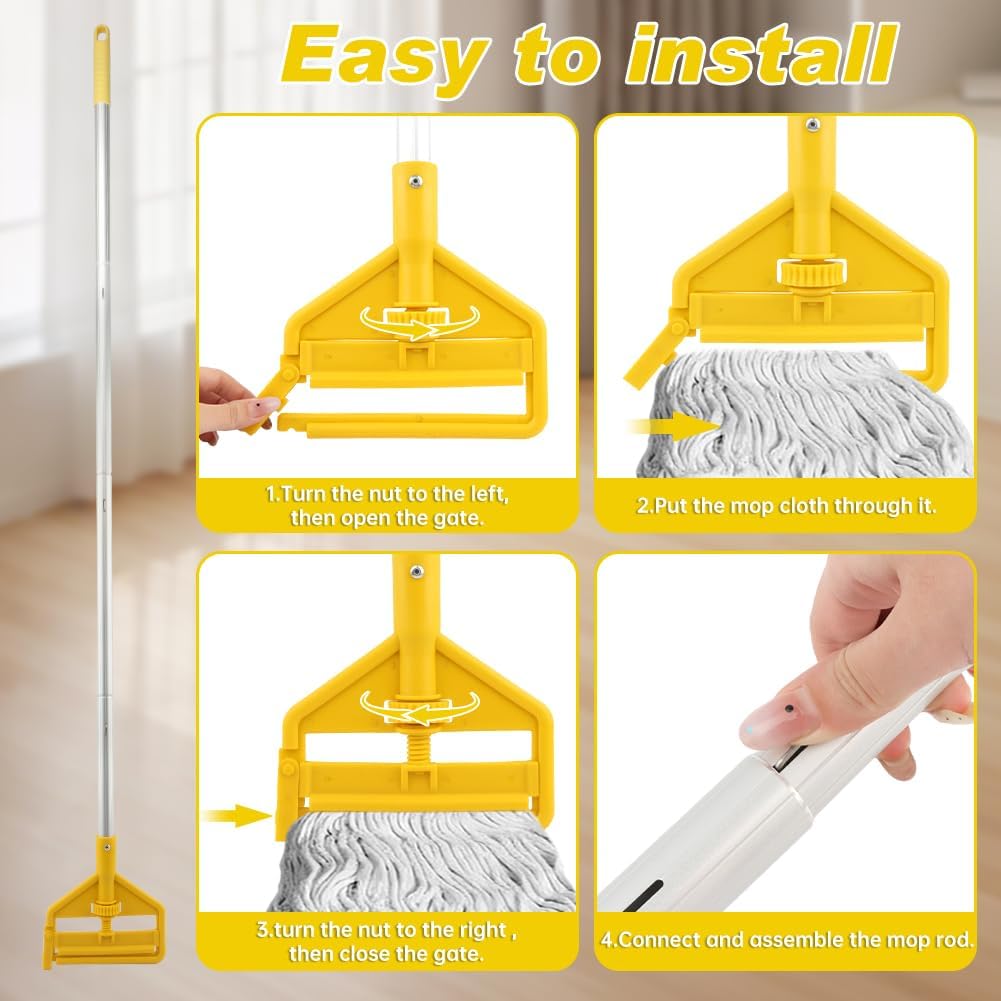 Commercial Mop Handle, 60" Industrial Mop Stick Replacement, Heavy Duty Wet Mops Head Replacement Holder with Gloves for Professional/Industrial Floor Cleaning(Color:Yellow)
