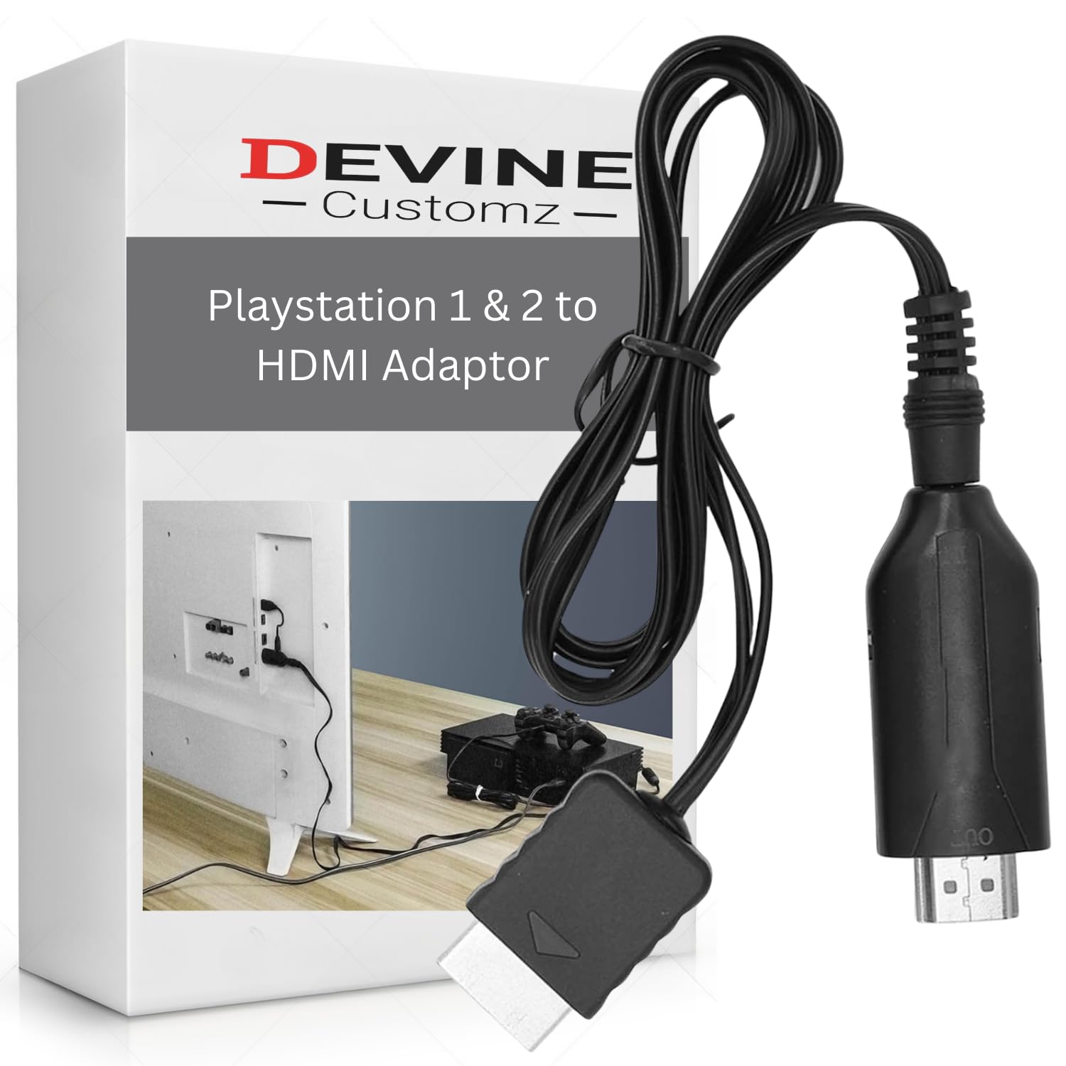 DevineCustomz® PS1/PS2 To HDMI Adapter, No Extra Box/Adaptor Required Staight Through Cable Multifunctional HDTV HDMI Cable Adapter for PS1/PS2