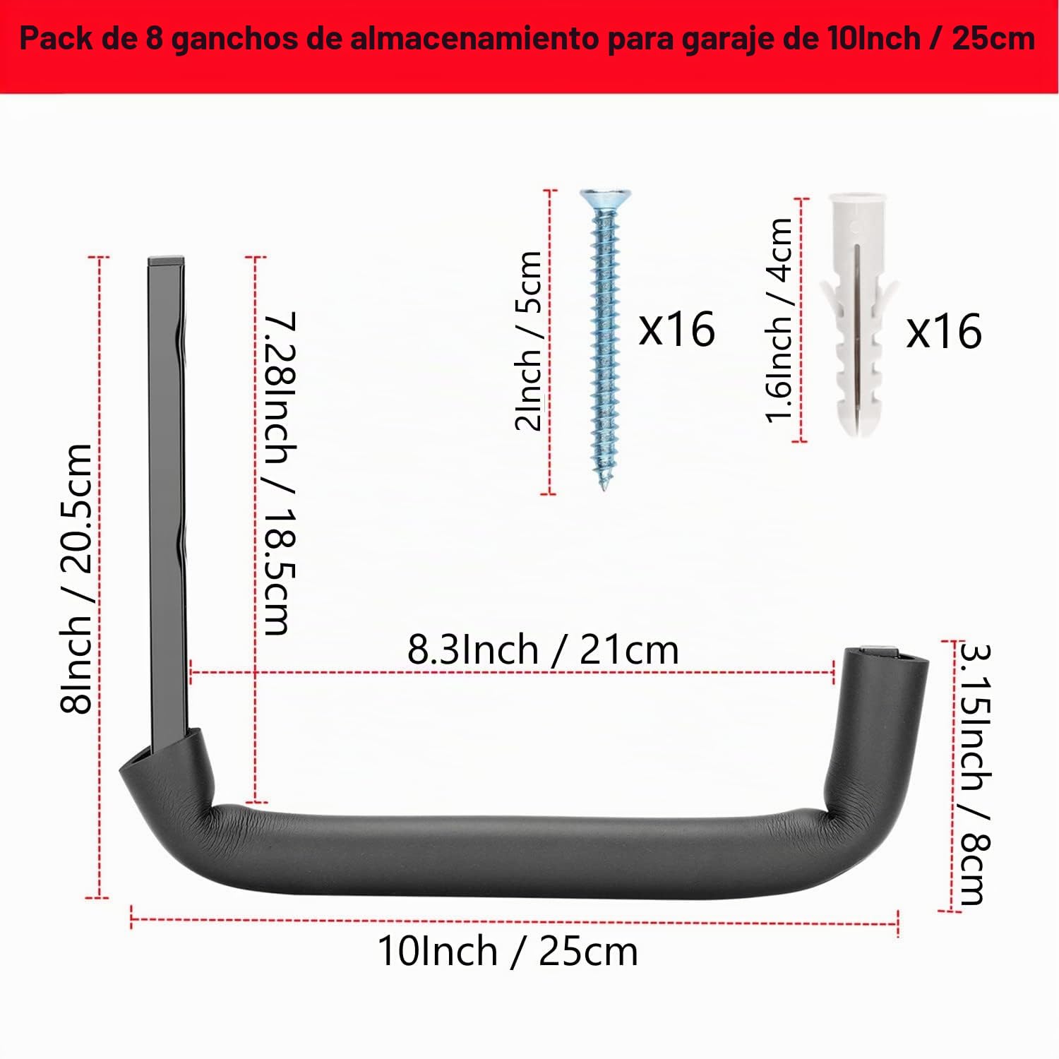 Paquete de 8 Ganchos de Almacenamiento para Garaje, Colgador de Almacenamiento para Escalera de Servicio Pesado de 25,4 cm, Estante Utilitario Montado en la Pared