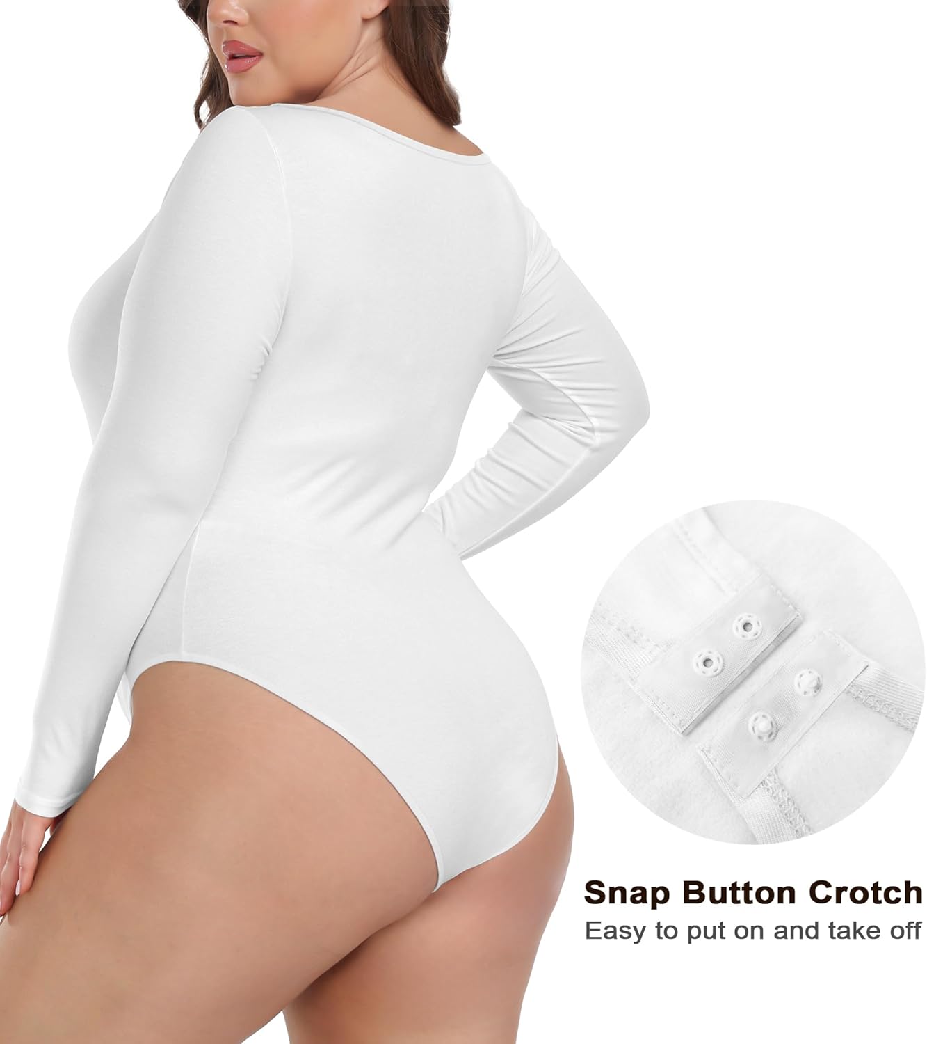 FOREYOND Plus Size Bodysuits for Women Long Sleeve V Neck Bodysuit Sexy One Piece Body Suit Tops - Image 2