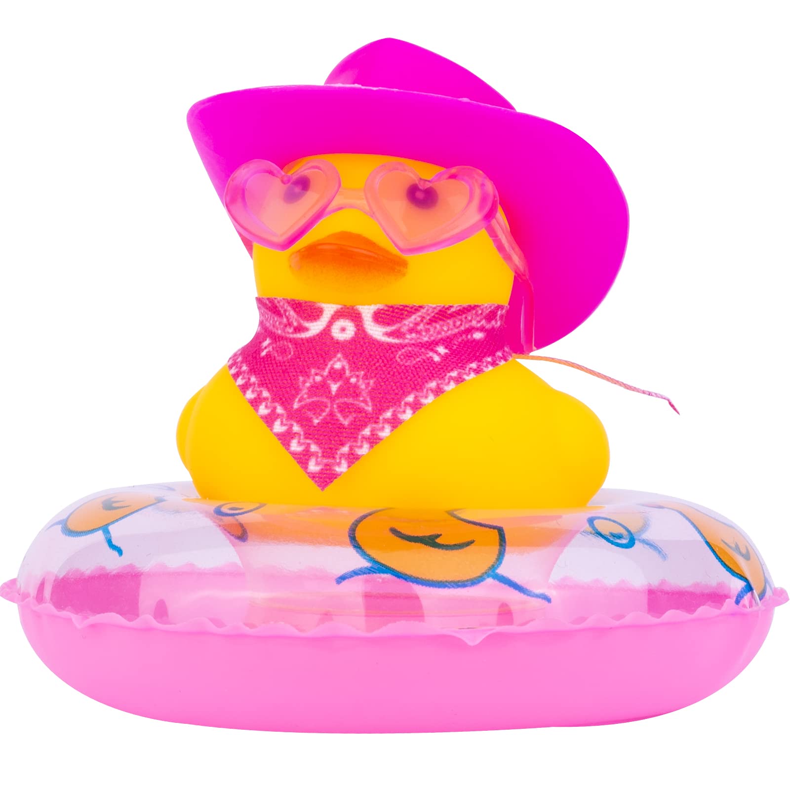 Cowboy Car Rubber Duck Yellow Duck Dashboard Decoration Cool Duck Car Ornaments with Mini Cowboy Hat Scarf Sunglasses Swim Ring(Pink)