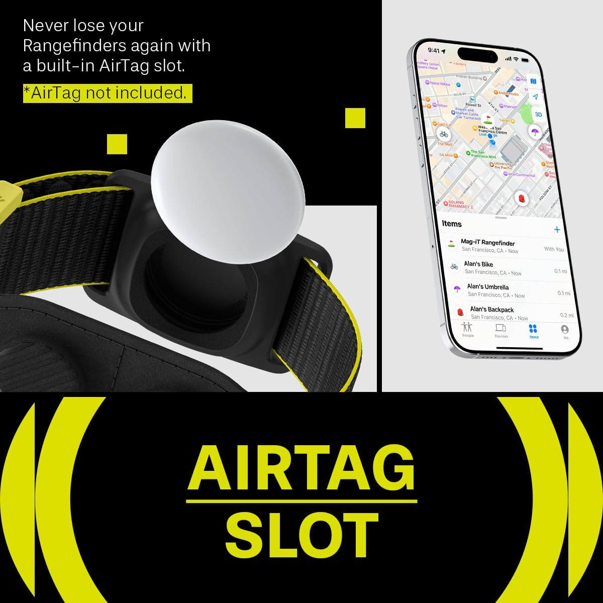 MAG-iT Magnetic Golf Range Finder Strap Designed for AirTag (1st & 2nd Gen) – GPS Tracker Holder Compatible with Find My App – Magnetic Mount for Golf Cart – Black