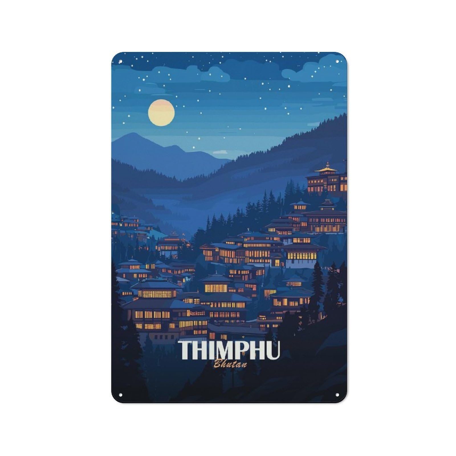Junmoney Style-14 Metal Wall Sign 30X20cm Featuring Thimphu, Bhutan Nightscape Illustration For Bar Or Restaurant, Gift For Bar Decor Enthusiasts During The Christmas Season