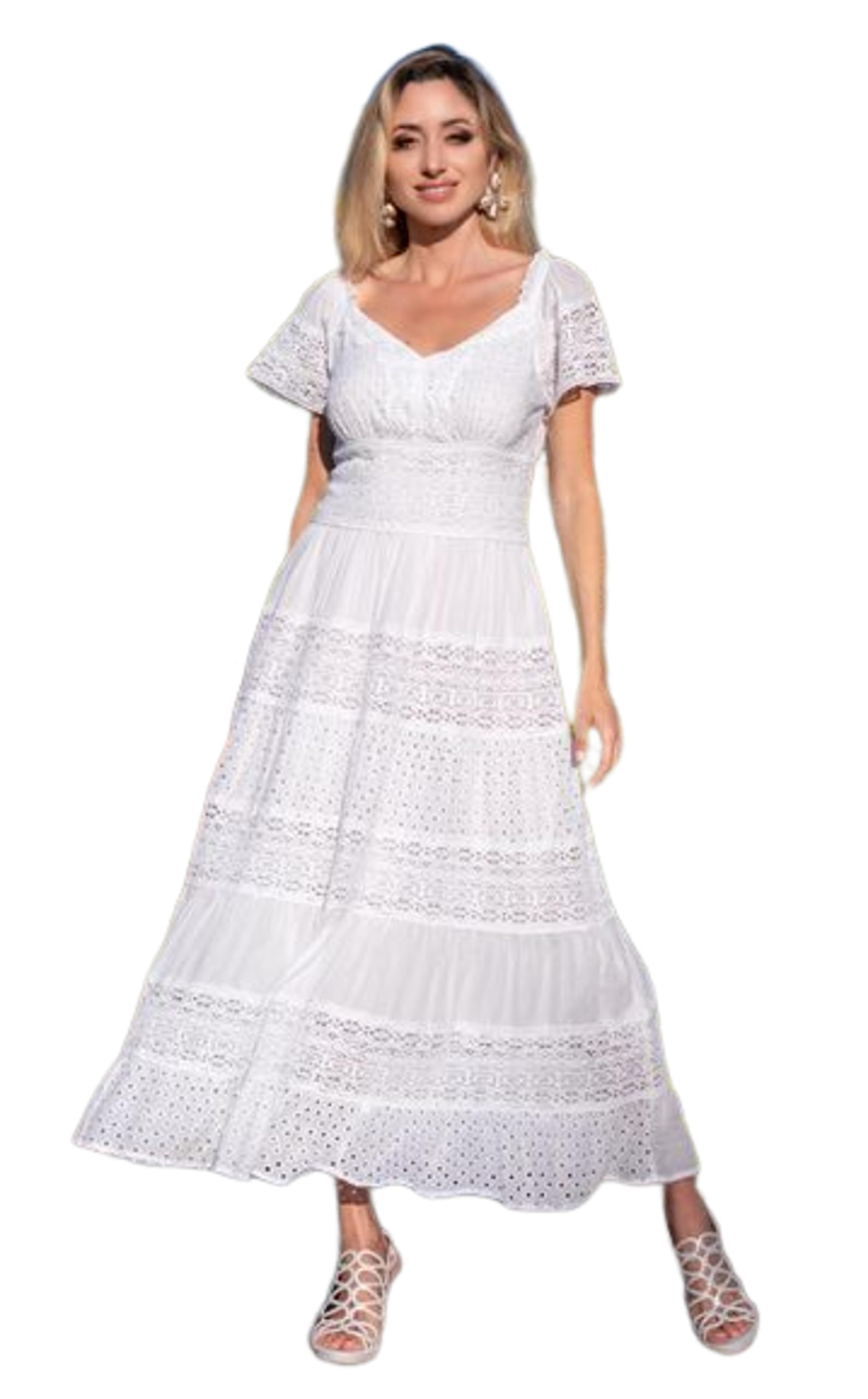 Miro Travel Wear Miro Boho Chic Ibiza 35 Vestidos De Novia Boho Chic Vestido En Encaje con Escote V Mangas Cortas Falda Realizada En Pachwork De Encajes. Vestido Blanco Mujer Vestido Novia Boho
