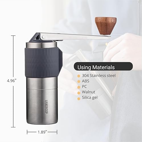 Miniatura 6 de Molinillo de café manual con mango plegable, molinillo de café manual portátil ajustable, molinillo de café manual de doble rodamiento con rebabas