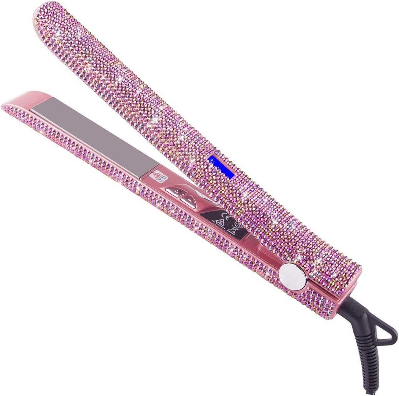 480°F High Temp Hair Straightener and Curler, Titanium Flat Iron Rhinestone Straightening Iron, 2 in 1 Straightening Curling 1“ Salon Professional Dual Voltage Crystal Bling Rose Pink