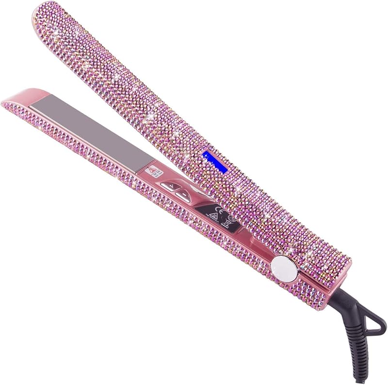 DORISILK Plancha y rizador de cabello de alta temperatura de 480 °F, plancha alisadora de titanio con diamantes de imitación, alisador 2 en 1, rizador de 1 pulgada, salón profesional de doble voltaje, cristal brillante rosa rosa