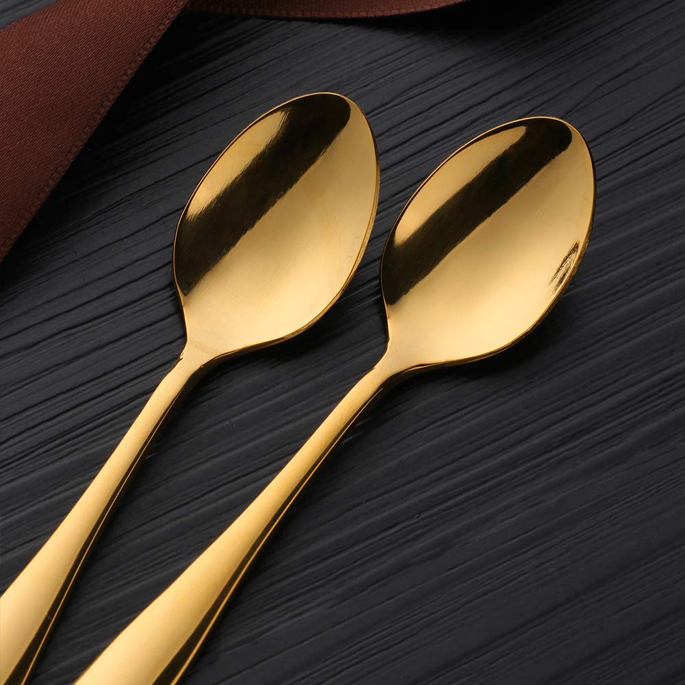 SUNSHENGEUR Lot de 12 mini cuillères à café en acier inoxydable, doré, 10,9 cm, motif autographe