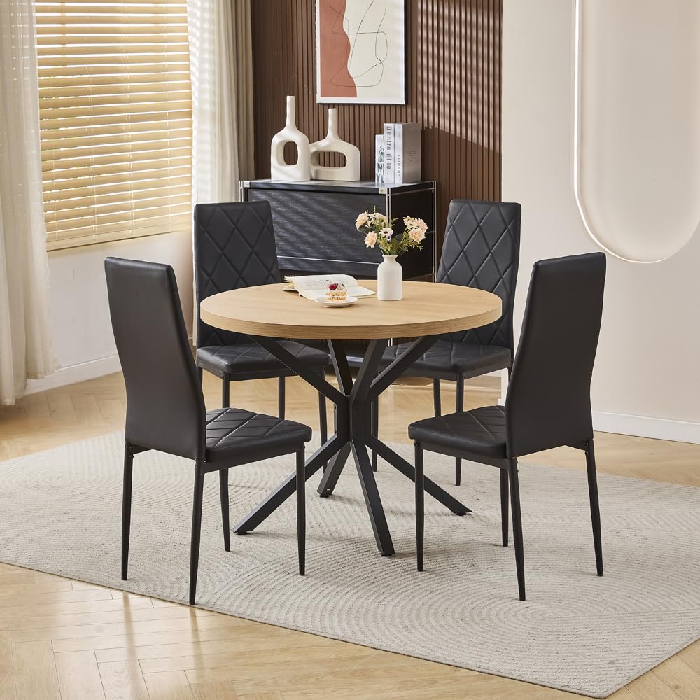 Menaka Round Dining Table and Chairs Set of 4 for Kitchen Diner, 5 Pieces Oak Wood Table with 4 Chairs for Compact Dinette Restaurant (4 Argyle Grid Black Leather Chairs#2, 95cm Oak Table#2)