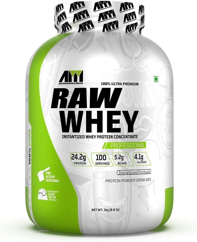 Advance MuscleMass Raw Whey Protein Concentrate With Innovative Scoop On Top | 24.3 g protein (Unflavoured | 3 Kg (6.6 lb), 100 Servings