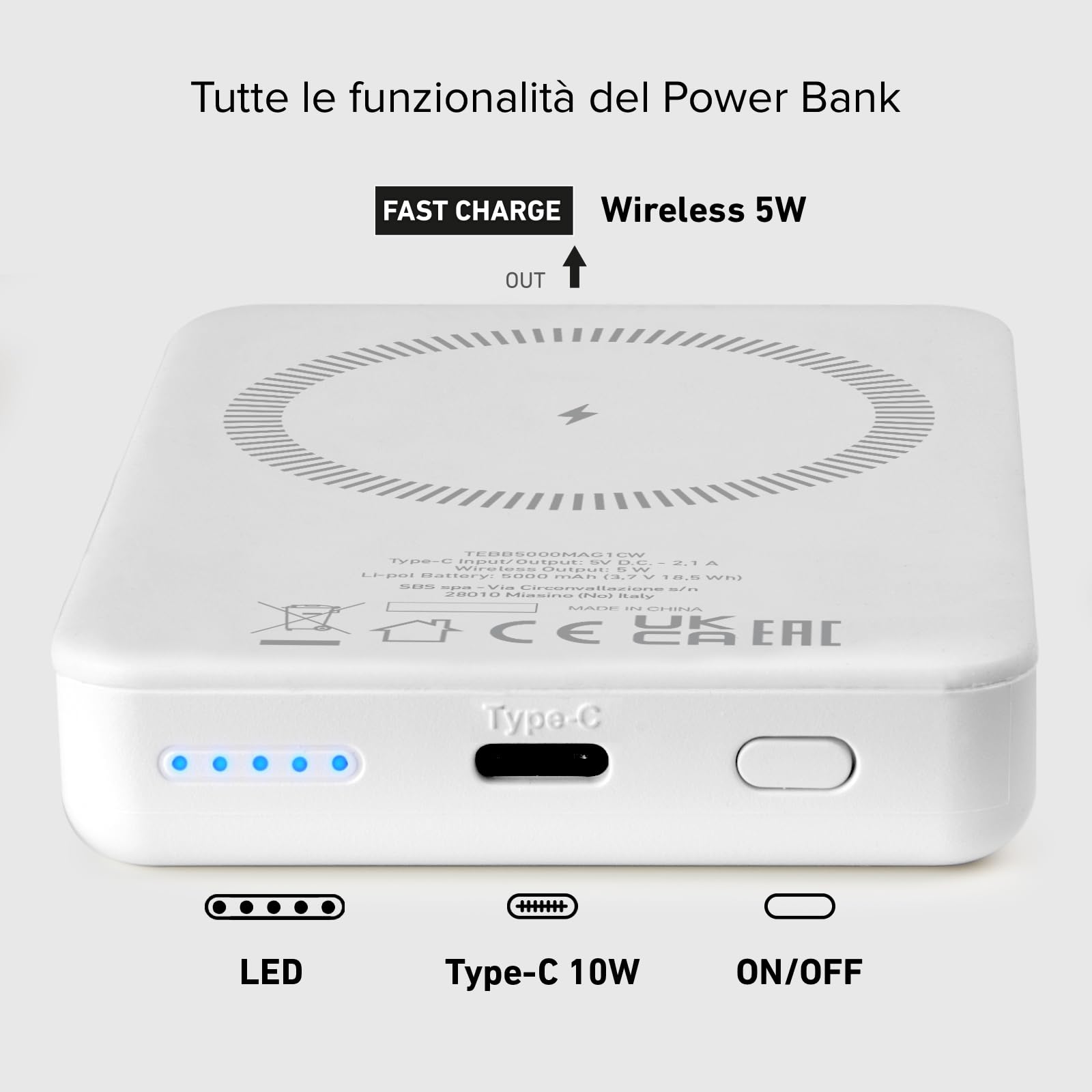 SBS PowerBank 5K MagSafe Wireless, 5.000mAh, Power Bank con Ricarica Rapida, Magnetico, Intelligent Charge (IC), LED di Carica, USB-C, Caricabatterie Portatile da Viaggio, Design Compatto, Bianco