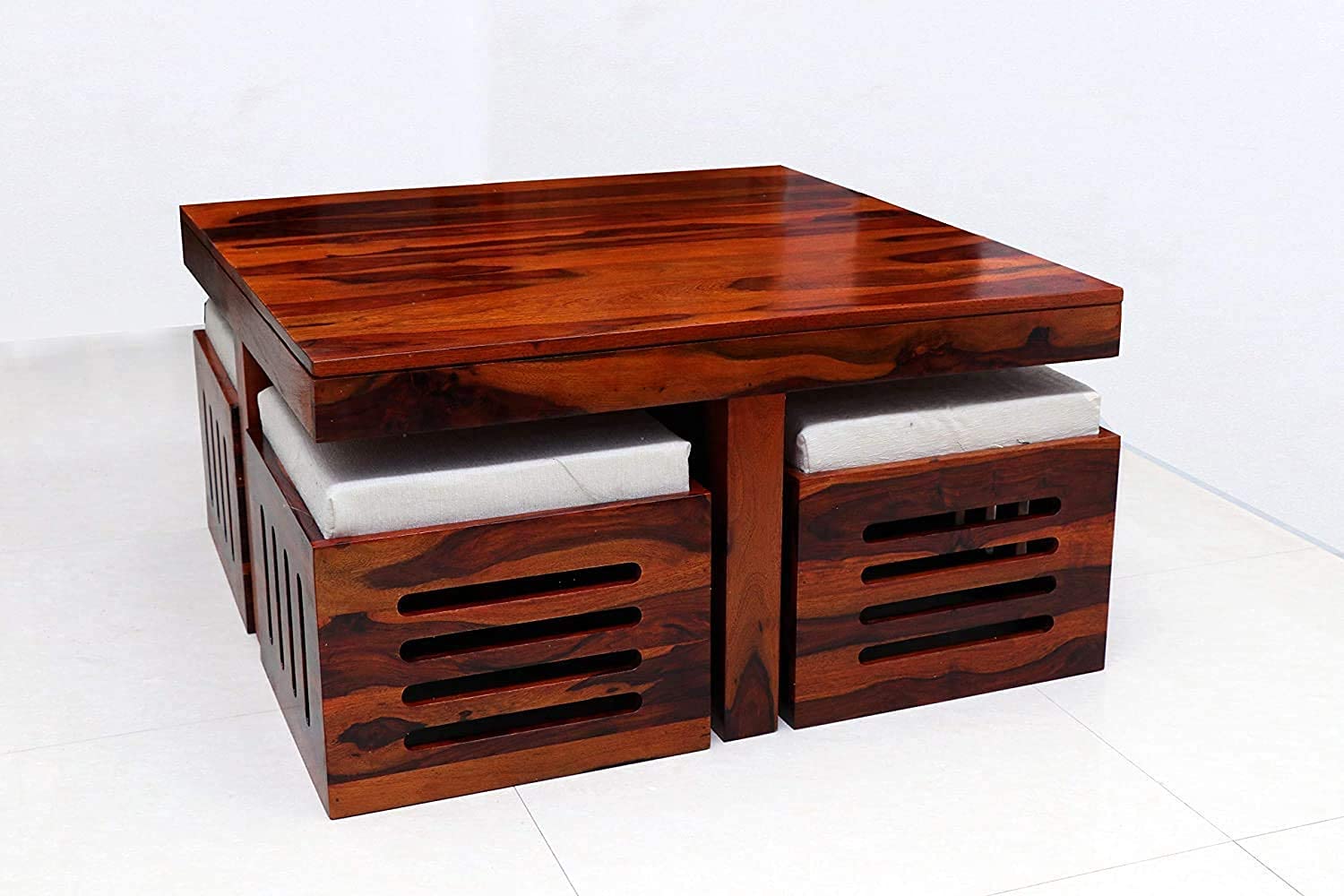 AASALIYA Art Solid Sheesham Wood Coffee Table with 4 Stool | Square Centre Table with Stool | Center Table with 4 Stools for Living Room | Patio Table with 4 Puffy for Home | Matt Polish Honey