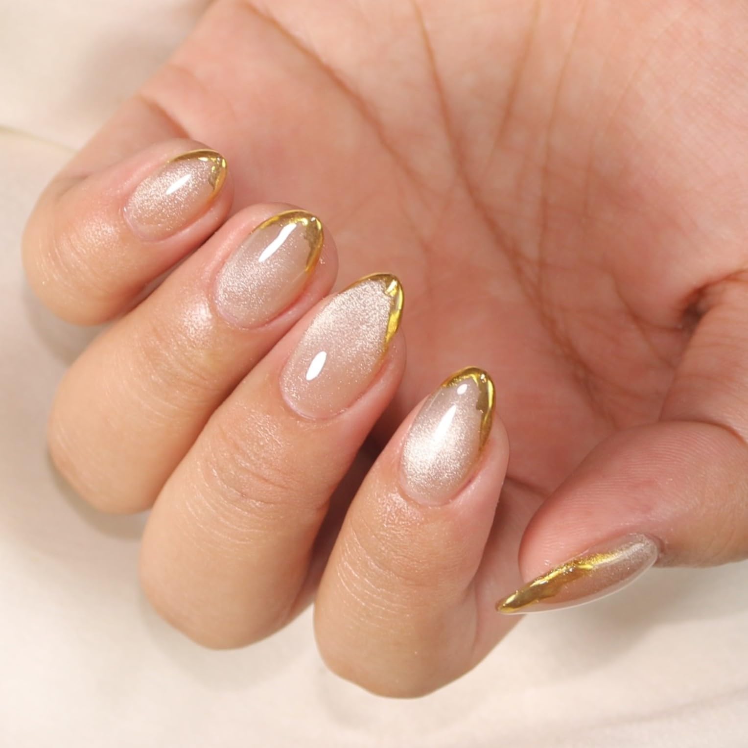 Sunruby Press On Nails Short Almond Iridescent Nude-Cat Eye with Gold Glitter French Tip | Reusable Soft Gel Nails in 12 Sizes 24 Nail Kit with Glue |