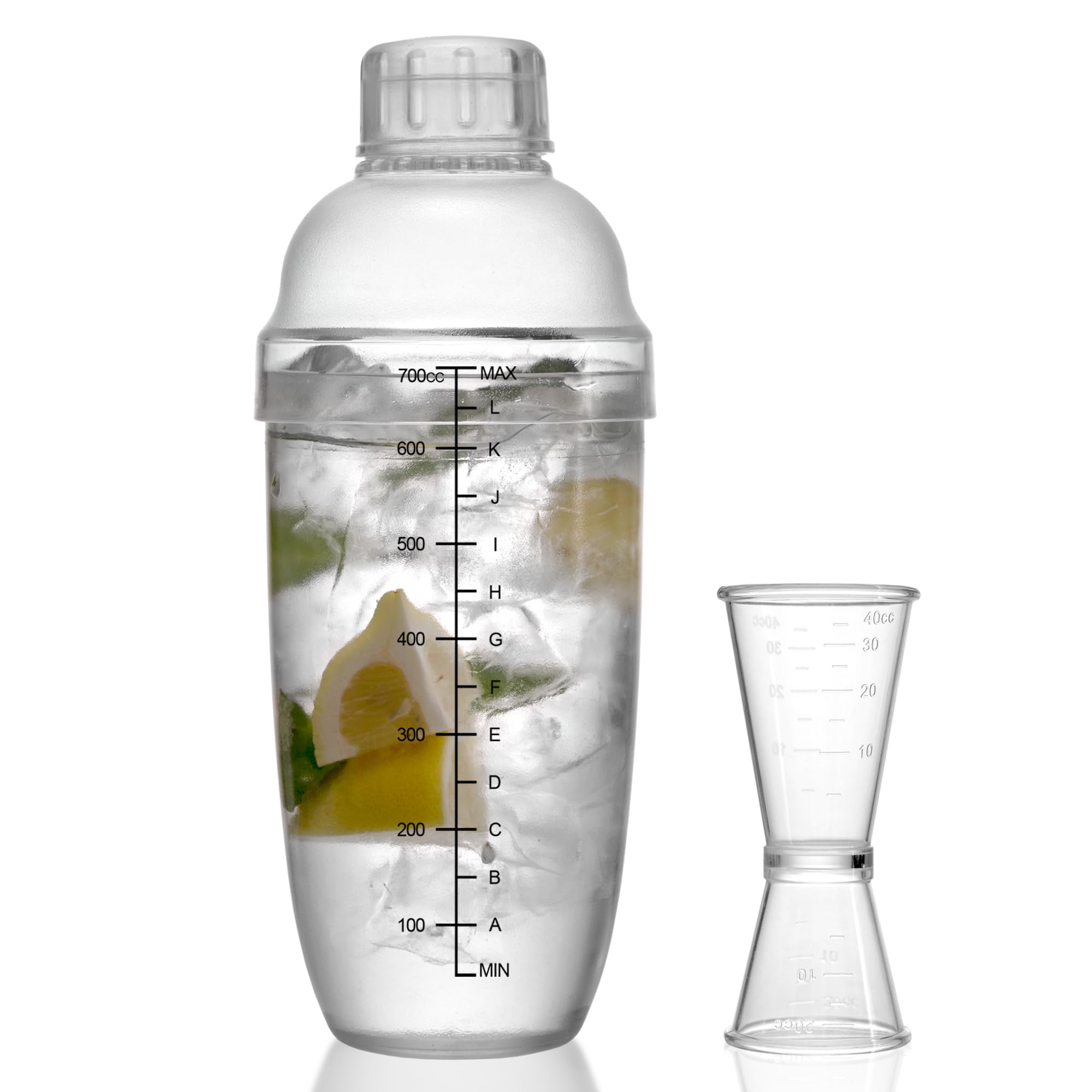 Juego de coctelera de plástico de 2 piezas, mezclador de mano con taza de té con escalas, juegos de herramientas de barra transparente con jigger de medición para bares, uso en casa, bar 8