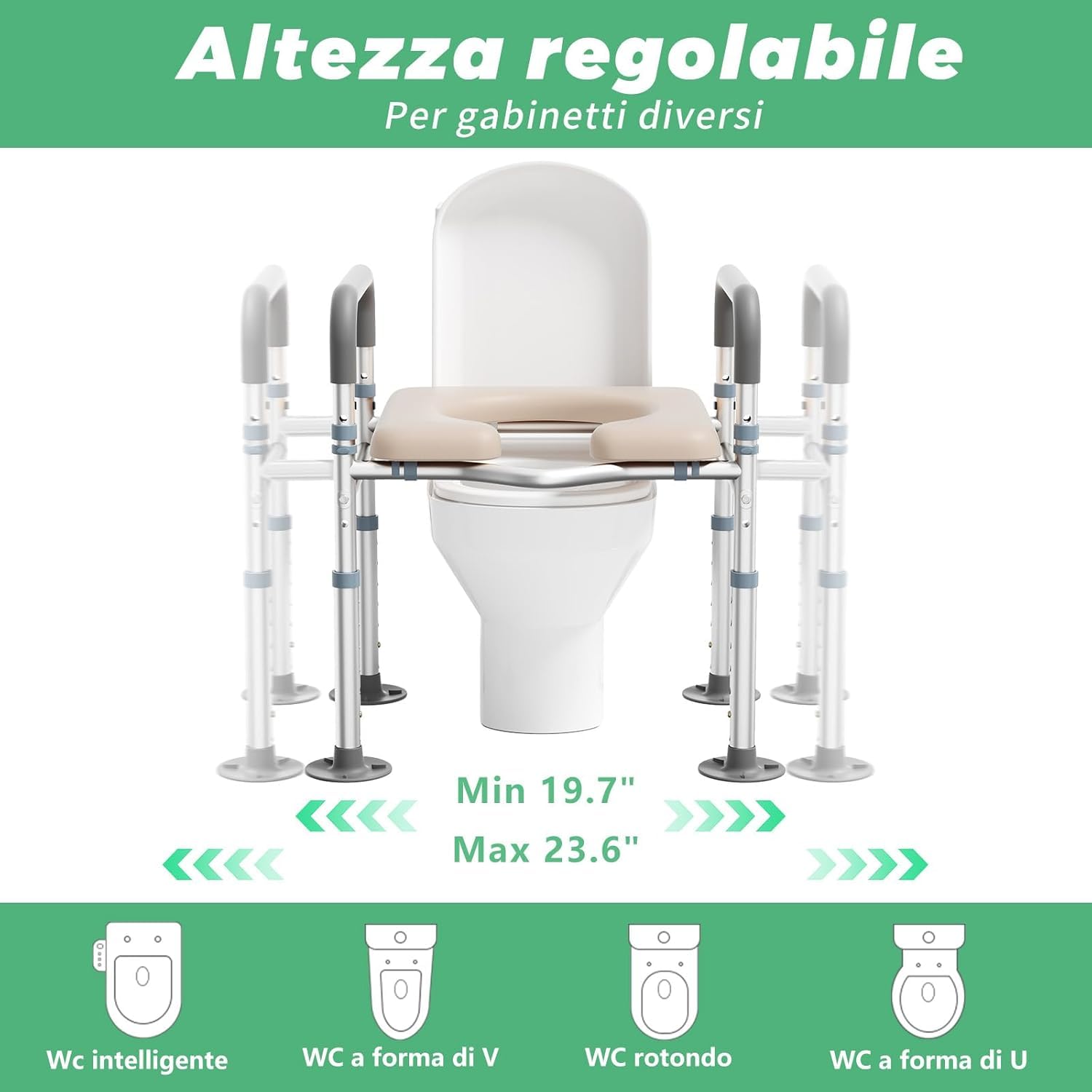 Rialzo WC per Anziani, Alzata per WC Regolabile in Altezza Alzawater per Anziani, Comoda WC Alzata Water per Anziani con Seduta Imbottita e Telaio in Alluminio, Braccioli per WC